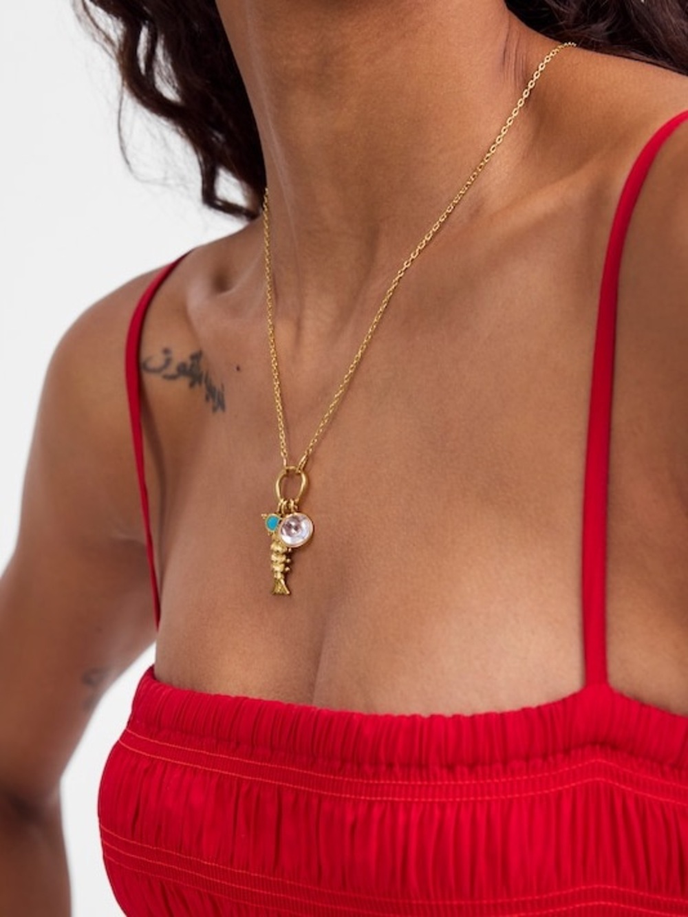 Gold Charm Necklace with Blue and Pearl Accents